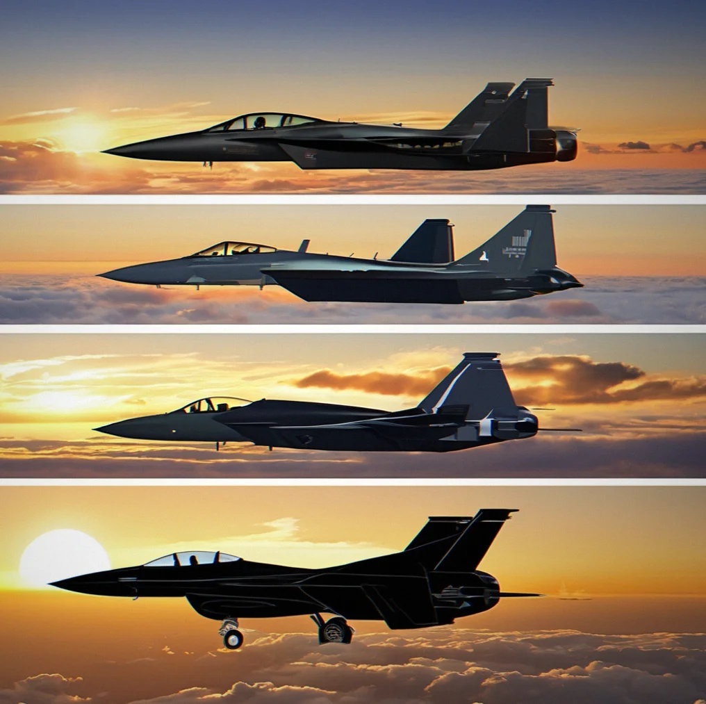 Row of six aircraft silhouettes showing different fighter jet variants and classes