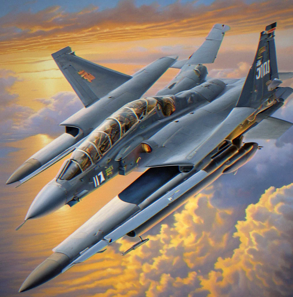 F-19 Lynx climbing at full throttle over ocean with clouds and terrain below during sunrise