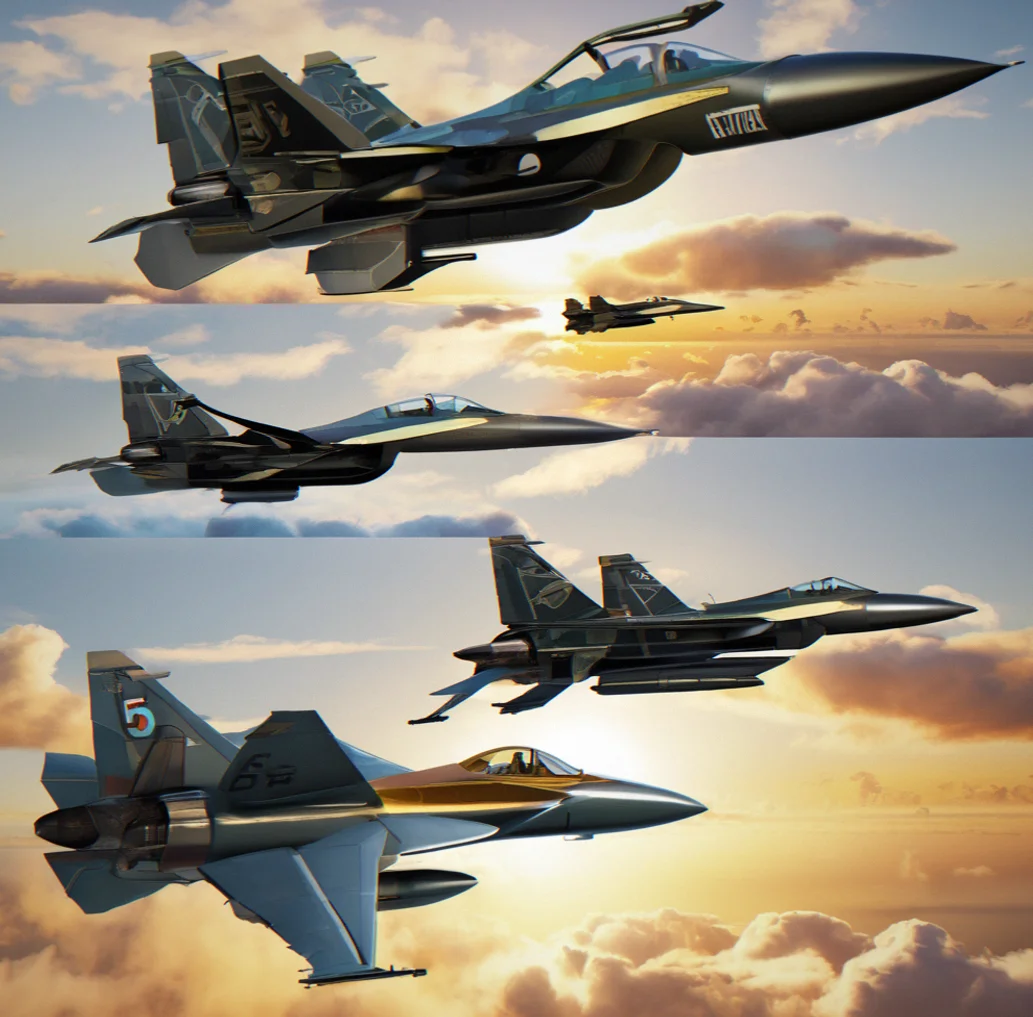 Aircraft customization grid displaying five fighter class icons with variant silhouettes and loadout weight budget visualization