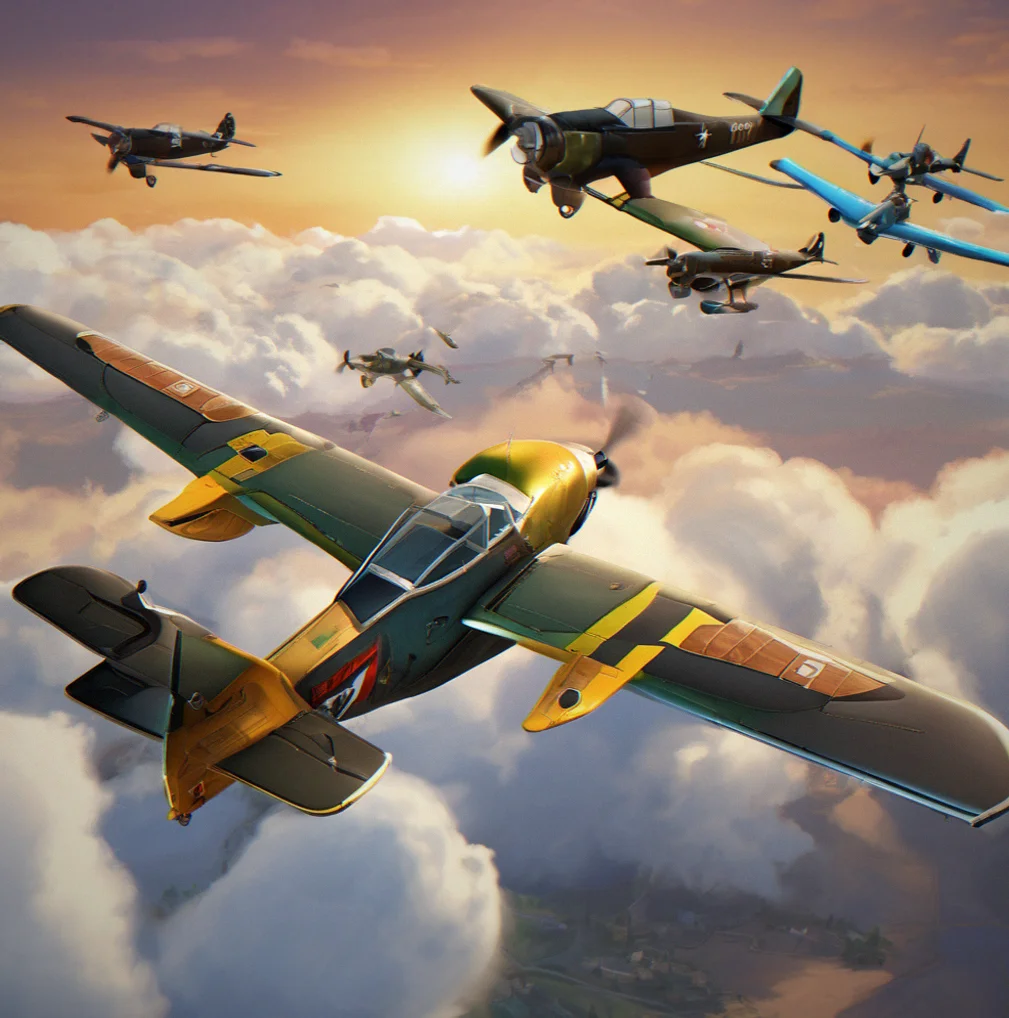 Multiplayer lobby interface showing player matchmaking queue 4-player dogfight mode and ping indicator